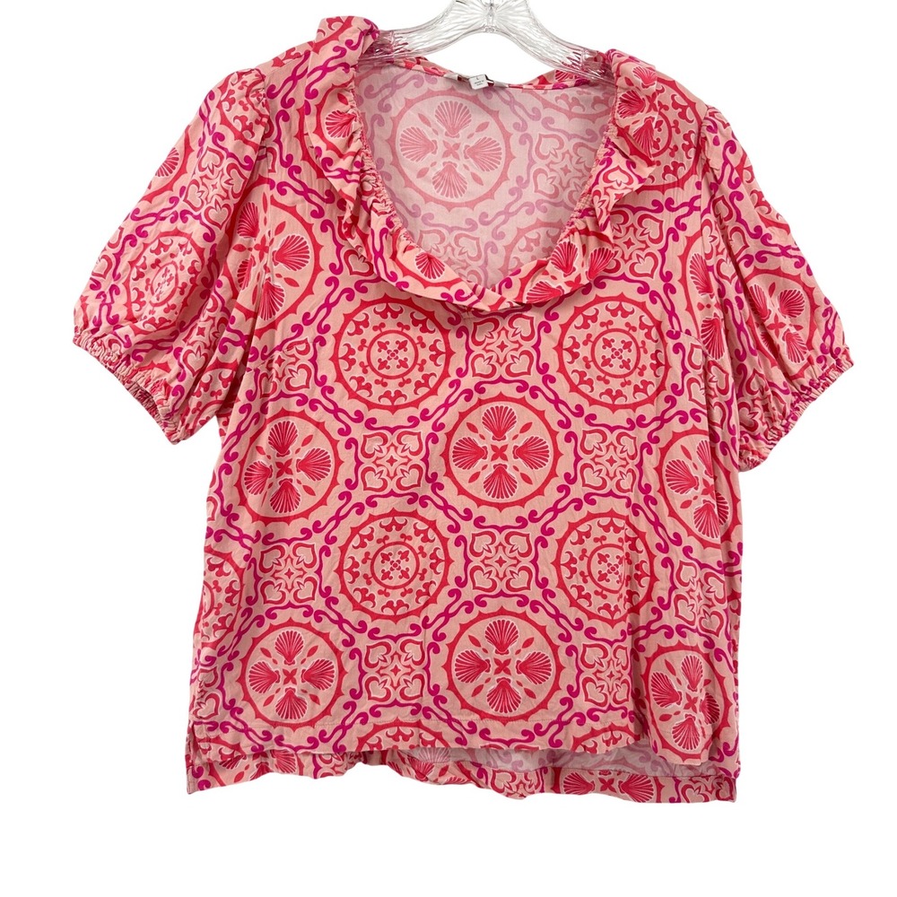 Crown & Ivy Womens Pink Medallion Shell Ruffle Neck Puff Sleeve Blouse Large